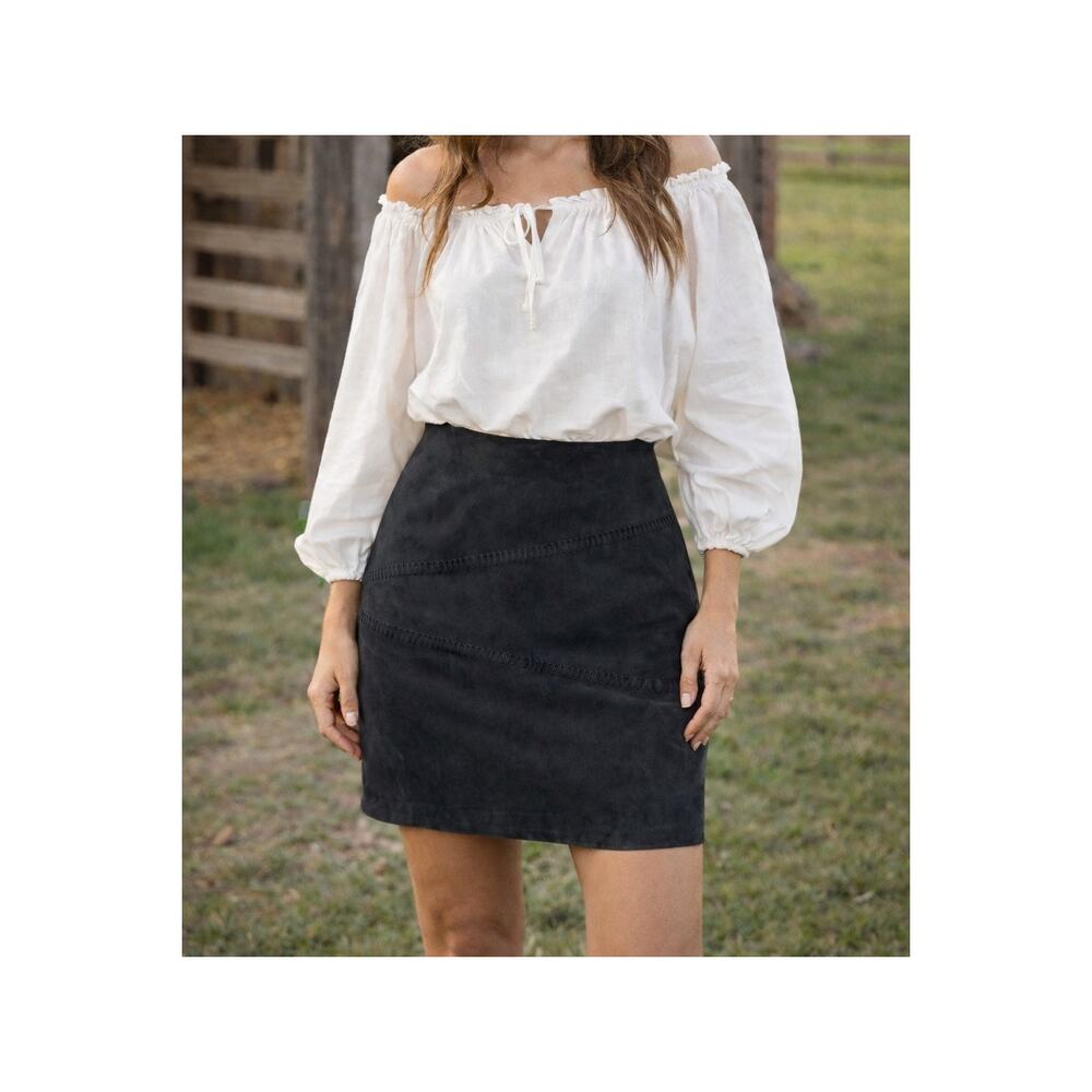 Vintage 90's Y2K Black Suede Leather Whipstitch Skirt 14 Western Retro Casual